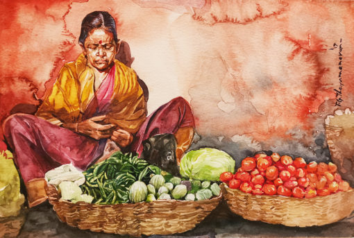 T. G. Thayumanavan Vege Vendor Paatti 2019 watercolour on paper 28 x 19 cm SGD140