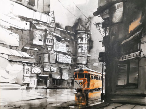 Arpan Bhowmik Cityscape Tram 2019 Acrylic on canvas 110x85cm SGD 3450 compressed