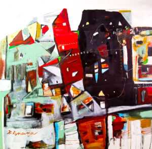 07. P. Gnana Cityscape series 2019 Mixed media on canvas 117 x 117 cm SGD 11500 PANEL D DOWN
