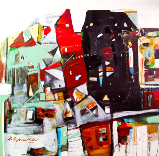 07. P. Gnana Cityscape series 2019 Mixed media on canvas 117 x 117 cm SGD 11500 PANEL D DOWN