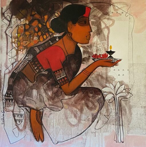 Sachin Sagare Lady with flower 4 Acrylic on canvas 61 x 61 cm 1050 SGD 2022